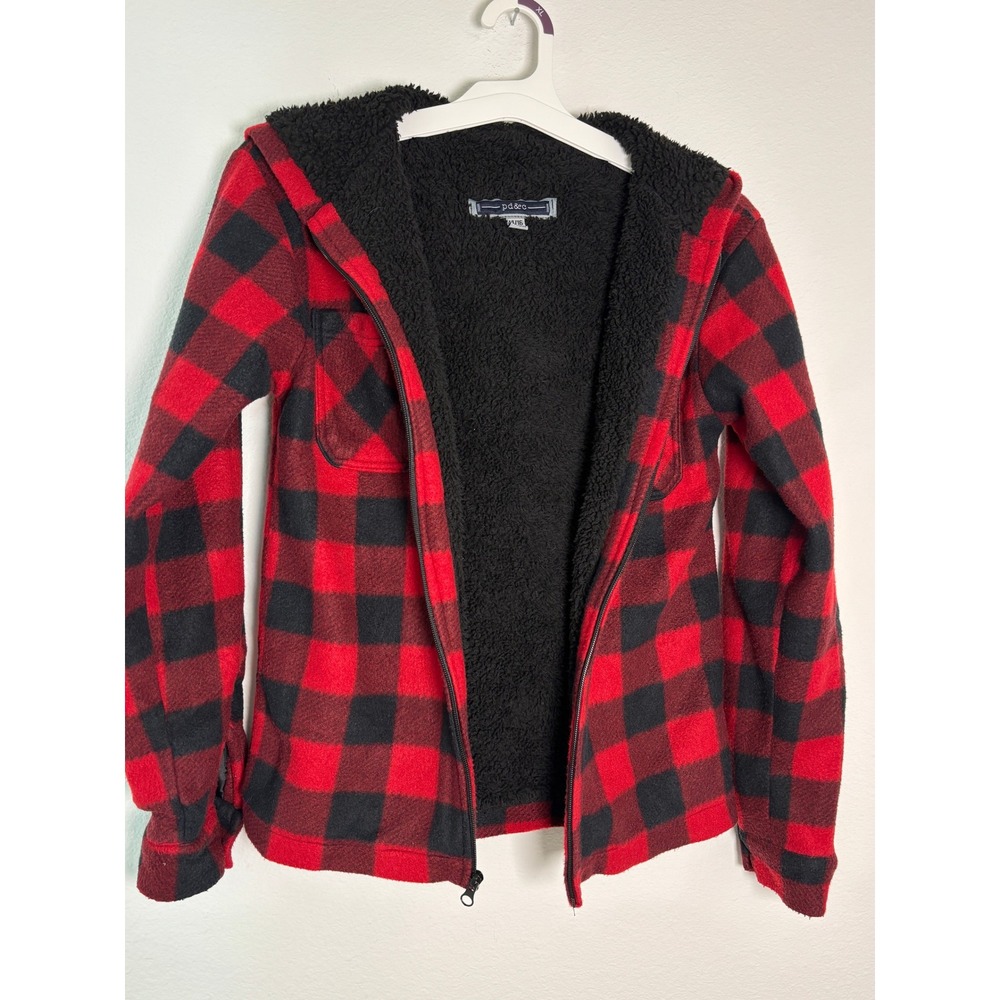 PD&C Boys Buffalo Plaid Fleece Sherpa Lined Zip Up Hooded Jacket Red Black 14/16